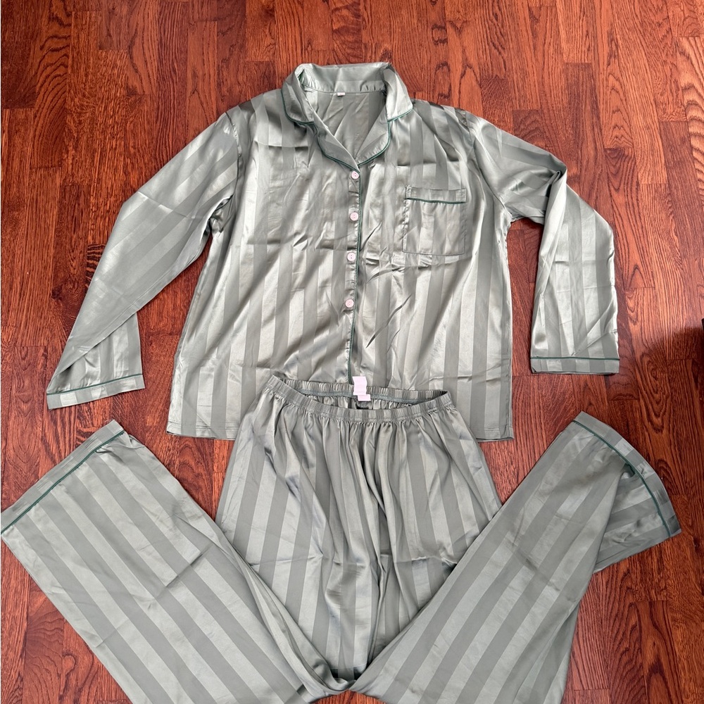 Satin Stripe Pajama Set - Sage Green
